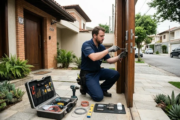 Chaveiro instalando um sistema de segurança em casa em São Caetano do Sul.
